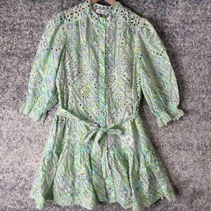 Christy Lynn Dress Womens Small Green Blue Embroidered Eyelet Lace Belted Mini